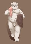  anthro bear blue_eyes censored chest_tuft facial_markings flaccid fur hi_res humanoid_penis male mammal markings moobs navel nude obese one_eye_closed overweight partially_retracted_foreskin penis pubes simple_background solo standing towel tuft uncut white_fur 布哥-boog_(artist) 