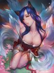  2015 ahri animal_ears arm_at_side bangs bare_shoulders between_legs blue_hair breasts cleavage collarbone dated eyelashes fox_ears fox_tail from_above full_body hand_between_legs head_tilt highres korean_clothes large_breasts league_of_legends long_hair long_sleeves multiple_tails off_shoulder open_mouth petals pink_lips seiza signature sitting solo swept_bangs tail veins whisker_markings wide_sleeves xiao_duzi yellow_eyes 