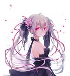  bare_shoulders black_dress breasts choker detached_sleeves dress flower frilled_dress frills from_side grey_hair hair_between_eyes hair_flower hair_ornament hair_ribbon highres kuroi_(liar-player) long_hair looking_at_viewer medium_breasts original petals red_eyes ribbon ribbon_choker see-through simple_background solo twintails upper_body white_background 