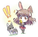  1girl :x animal animal_ears brown_eyes brown_hair bunny_ears bunny_tail camera chibi dog iesupa long_hair rwby school_uniform sweatdrop tail thighhighs velvet_scarlatina welsh_corgi zwei_(rwby) 