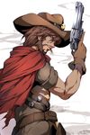  beard brown_eyes brown_hair cape cigar cowboy_hat facial_hair gun handgun hat highres holding holding_gun holding_weapon holster male_focus mccree_(overwatch) minamon_(vittel221) mouth_hold overwatch smoke smoking smoking_gun solo weapon 