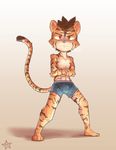  anthro barefoot boxers_(clothing) bulge clothed clothing crossed_arms determined feline front_view hybridstaar looking_at_viewer male mammal nipples plantigrade signature solo standing tiger tones topless underwear young 