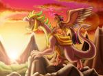  2016 armor dragon duo equine female friendship_is_magic glowing helmet horn inuhoshi-to-darkpen magic male mammal melee_weapon my_little_pony polearm sparkles spear spike_(mlp) sunset twilight_sparkle_(mlp) weapon winged_unicorn wings 