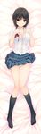  aoyama_sumika bangs black_hair blush bra breasts brown_eyes cleavage coffee-kizoku collarbone dakimakura eyebrows_visible_through_hair full_body highres looking_at_viewer lying medium_breasts no_shoes on_back original panties school_uniform short_hair short_sleeves solo underwear undressing 