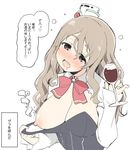  alcohol blush breasts brown_eyes brown_hair commentary_request cup drinking_glass drooling drunk eyebrows flashing hair_between_eyes head_tilt itou_life kantai_collection large_breasts long_hair long_sleeves looking_at_viewer nipples pola_(kantai_collection) simple_background solo thick_eyebrows translated upper_body white_background wine wine_glass 