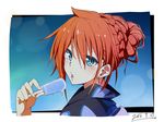  amano_tora bangs blue_eyes blush braid earrings face food from_side hair_between_eyes hair_bun highres ice_cream japanese_clothes jewelry kazenoko kimono looking_at_viewer open_mouth original popsicle red_hair sidelocks simple_background solo tongue tongue_out yukata 