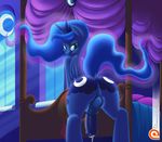  2016 animal_genitalia animal_penis anus backsack balls bed blue_feathers butt cutie_mark dock equine equine_penis feathered_wings feathers feral friendship_is_magic hair horn inside jarwis looking_at_viewer looking_back mammal my_little_pony patreon penis pillow princess_luna_(mlp) raised_tail rear_view smile solo winged_unicorn wings 