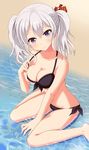 absurdres arm_support beach breasts cleavage collarbone front-tie_bikini front-tie_top grey_eyes head_tilt highres kantai_collection kashima_(kantai_collection) medium_breasts ocean outdoors partially_submerged side-tie_bottom silver_hair sitting smile solo strap_gap strap_pull swimsuit twintails wariza water xiaosamiao 
