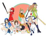  :d all_fours animal_costume animal_ears bangs baseball baseball_bat baseball_cap baseball_mitt baseball_uniform beats_by_dr._dre black_hair black_legwear black_skirt blue_legwear blue_skirt blunt_bangs blush boots breasts brown_eyes brown_hair chunichi_dragons cleavage clothes_writing commentary_request cosplay doala doala_(cosplay) gloves green_eyes hairband hanshin_tigers hat headphones headphones_around_neck highres hiroshima_touyou_carp ichihara_nina idolmaster idolmaster_cinderella_girls kigurumi knee_boots kneehighs large_breasts long_hair looking_at_viewer looking_back maekawa_miku mismatched_legwear moroboshi_kirari mukai_takumi multiple_girls murakami_tomoe navel nigou nippon_professional_baseball one_eye_closed open_clothes open_mouth open_shirt oversized_clothes paw_pose red_hair sarashi shirt shoes short_hair single_thighhigh skirt smile sneakers sportswear squatting striped striped_legwear tada_riina tail thighhighs tied_shirt tiger_ears tiger_tail tokyo_yakult_swallows white_footwear white_legwear white_shirt yokohama_dena_baystars yomiuri_giants 