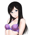  bangs black_hair blue_eyes bra breasts floral_print glasses hizuki_akira long_hair looking_at_viewer open_mouth original purple_bra rimless_eyewear simple_background small_breasts smile solo swept_bangs underwear upper_body white_background 