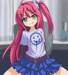  :q arms_behind_back belt chair douraku_utage green_eyes long_hair miniskirt one_side_up ore_no_nounai_sentakushi_ga_gakuen_love-comedy_wo_zenryoku_de_jama_shiteiru red_hair shirt sitting skirt smile solo spread_legs t-shirt tongue tongue_out umarutsufuri very_long_hair 