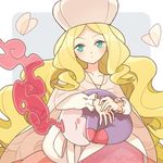  aqua_eyes blonde_hair blue_background blush blush_stickers bug butterfly cattleya_(pokemon) closed_eyes elite_four gen_5_pokemon hat insect long_hair long_sleeves looking_at_viewer musharna o0baijin0o pokemon pokemon_(creature) pokemon_(game) pokemon_bw smile upper_body wavy_hair 