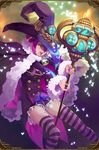  artist_request bell bell_collar bug butterfly cape cloud collar frilled_skirt frills frown fur_trim garters grand_sphere hat highres insect jewelry purple_hair ring skirt solo staff striped striped_legwear thighhighs witch_hat yellow_eyes zettai_ryouiki 