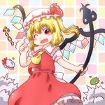  ;d blonde_hair clenched_hand explosion fang flandre_scarlet frilled_skirt frills laevatein matty_(zuwzi) one_eye_closed open_mouth red_eyes shirt short_hair skirt smile touhou vest wings 