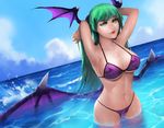  absurdres animal_print bat_print bikini breasts capcom demon_wings green_eyes green_hair head_wings highres korhiper long_hair looking_at_viewer morrigan_aensland ocean purple_bikini solo swimsuit vampire_(game) wings 