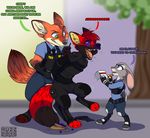  2016 alternate_universe canine clothed clothing dialogue disney female fox fur green_eyes grey_fur hi_res judy_hopps klaus_foxyboxy lagomorph male mammal muzz nick_wilde night_howlers open_mouth orange_fur police_uniform purple_eyes rabbit red_fur smile text tongue tongue_out uniform zootopia zpd 