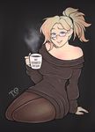  antiheld bad_id bad_tumblr_id bare_shoulders bespectacled black_legwear blonde_hair blue_eyes blush breasts casual coffee coffee_mug cup dress english glasses high_ponytail highres long_hair make_america_great_again medium_breasts mercy_(overwatch) mug mug_writing off-shoulder_sweater overwatch pantyhose semi-rimless_eyewear sitting smile solo sweater sweater_dress under-rim_eyewear yokozuwari 