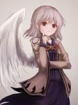  absurdres bow bowtie braid dress feathered_wings french_braid grey_background hand_on_own_cheek highres jacket kishin_sagume long_sleeves looking_at_viewer open_clothes open_jacket purple_dress red_eyes short_hair silver_hair simple_background single_wing solo thkani touhou white_wings wings 