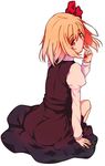  ass blonde_hair blood blood_on_face bloody_hands eyebrows eyebrows_visible_through_hair full_body hair_ribbon kaiza_(rider000) long_sleeves looking_at_viewer looking_to_the_side red_eyes ribbon rumia short_hair simple_background sitting skirt skirt_set solo touhou vest white_background 