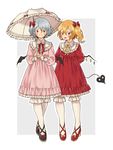  adapted_costume alternate_costume bat_wings blonde_hair bloomers blue_hair blush bow crystal dress fang flandre_scarlet full_body hair_bow highres laevatein long_sleeves looking_at_viewer multiple_girls o0baijin0o parasol pink_dress red_dress red_eyes remilia_scarlet siblings side_ponytail sisters smile tongue tongue_out touhou umbrella underwear white_legwear wings 