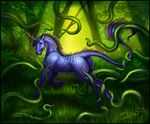  2016 equine female feral forest fur hair hi_res horn horse mammal open_mouth outside quillu scales solo tentacles toxophilus tree unicorn 