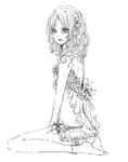  1girl bare_arms bare_legs bare_shoulders barefoot crying curly_hair diabolik_lovers eyelashes female flower frills from_side full_body hair_flower hair_ornament jewelry kaki_(artist) komori_yui lineart lingerie looking_at_viewer monochrome open_mouth petite seiza simple_background sitting solo tears underwear underwear_only white_background 