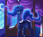  2016 animal_genitalia animal_penis anus backsack balls bed blue_feathers butt clothing cutie_mark dock equine equine_penis feathered_wings feathers feral friendship_is_magic hair horn inside jarwis legwear looking_at_viewer looking_back mammal my_little_pony patreon penis pillow princess_luna_(mlp) raised_tail rear_view smile solo thigh_highs winged_unicorn wings 