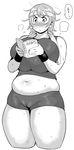  bare_shoulders belly bike_shorts blush book breast_press breasts cropped_legs curvy earrings gigantic_breasts greyscale headband highres jewelry midriff monochrome navel plump reading short_hair simple_background solo sports_bikini stomach sweat sweatband synecdoche thick_thighs thighs towel translation_request white_background wristband 