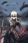  absurdres armor armored_dress artoria_pendragon_(all) black_armor black_feathers blood bloody_tears covered_eyes fate/stay_night fate_(series) gauntlets highres holding holding_sword holding_weapon long_hair saber_alter shi_qi_kuang_beng silver_hair solo sword weapon 