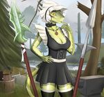  2016 anvil argonian clothing female jewelry kasaler lifts-her-tail maid_costume maid_uniform melee_weapon necklace polearm scalie slit_pupils solo spear sword the_elder_scrolls uniform video_games weapon 