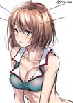  adapted_costume bikini_day blue_eyes blush breasts brown_hair cleavage collarbone commentary_request hair_ornament kantai_collection looking_at_viewer maya_(kantai_collection) medium_breasts midriff parted_lips remodel_(kantai_collection) school_uniform serafuku short_hair sleeveless solo tai_(nazutai) twitter_username upper_body x_hair_ornament 