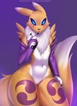  2016 anthro black_claws black_nose black_sclera blue_eyes bridal_gauntlets canine claws cute digimon doomthewolf english_text facial_markings featureless_crotch female fox fur hi_res looking_at_viewer mammal markings mostly_nude navel open_mouth purple_background purple_markings renamon simple_background solo text tuft white_fur wide_hips yellow_fur 