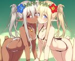  absurdres all_fours arm_support ass bare_shoulders bikini black_bikini blonde_hair blue_eyes blush bracelet breasts butt_crack cheek-to-cheek commentary_request dark_elf dark_skin earrings elf flower hair_flower hair_ornament highres hiraga_matsuri jewelry long_hair looking_at_viewer micro_bikini midriff multiple_girls navel original pendant pointy_ears red_eyes silver_hair sketch small_breasts smile sweat sweatdrop swimsuit twintails white_bikini 