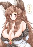  animal_ears big_hair blush breasts brooch brown_hair cleavage collarbone dress huge_breasts imaizumi_kagerou jewelry looking_at_viewer off_shoulder red_eyes simple_background solo speech_bubble touhou traditional_media translation_request wavy_mouth white_background wolf_ears ziogon 