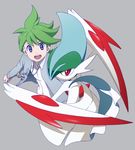  1boy artist_request gallade gray_background jacket looking_at_viewer mega_gallade mitsuru_(pokemon) open_jacket pokemon pokemon_(game) tagme 