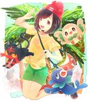  1girl artist_request beanie female_protagonist_(pokemon_sm) litten looking_at_viewer pokemon_sm popplio rowlet tree 