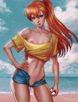  absurdres ass_visible_through_thighs beach breasts collarbone contrapposto cowboy_shot dandon_fuga day denim denim_shorts green_eyes halterneck hand_on_hip highres kasumi_(pokemon) lips looking_at_viewer medium_breasts midriff nipples no_bra no_panties off-shoulder_shirt one_breast_out open_fly poke_ball pokemon pokemon_(anime) pokemon_(classic_anime) pussy red_hair shirt shorts side_ponytail solo source_request standing tied_shirt uncensored 