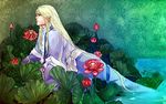  1boy blonde_hair flower from_side juuni_kokuki kamemushi keiki loose_clothes lotus male_focus pointy_ears profile purple_eyes solo traditional_clothes very_long_hair water 