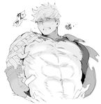  abs armor arms_behind_back blush granblue_fantasy greyscale looking_down male_focus monochrome muscle nabana_(bnnbnn) nipples one_eye_closed pectorals simple_background solo sweat teeth torn_clothes upper_body vane_(granblue_fantasy) white_background 