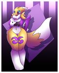  anthro big_breasts blue_eyes breasts bridal_gauntlets canine cleavage clothed clothing digimon female fox hand_on_hip hi_res huge_breasts mammal navel panties purple_markings r-mk renamon solo standing starryuvi thick_thighs tuft underwear voluptuous wide_hips 