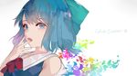  blue_eyes blue_hair cirno eyebrows_visible_through_hair face gradient gradient_background hair_ribbon hillly_(maiwetea) looking_at_viewer open_mouth portrait ribbon short_hair sleeveless solo text_focus touhou typo 