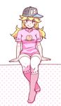  :q akairiot alternate_costume alternate_hairstyle arms_at_sides baseball_cap blonde_hair blue_eyes blue_hat blush closed_mouth collarbone contemporary food fruit full_body hair_tie hat heart heart_print long_hair looking_to_the_side low_twintails mario_(series) object_namesake peach pink_shirt princess_peach print_shirt shirt short_sleeves sitting smile solo super_mario_bros. thighhighs tongue tongue_out twintails 