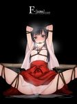  armpit_peek arms_up bdsm black_eyes black_hair blush bondage bound bound_legs bound_wrists breasts commentary_request f-ism gag gagged hair_ribbon hakama highres japanese_clothes kimono long_hair miko murakami_suigun original red_hakama restrained ribbon rope see-through shibari small_breasts solo spread_legs sweat tears wet wet_clothes wide_sleeves 