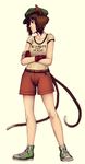  animal_ears brown_eyes brown_hair cat_ears cat_tail chen full_body hat highres moonywitcher shirt short_hair shorts solo t-shirt tail touhou 