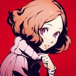  brown_hair ilya_kuvshinov lips looking_at_viewer looking_to_the_side okumura_haru parted_lips persona persona_5 portrait purple_eyes red_background short_hair smile solo turtleneck 
