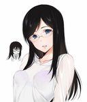  bangs black_hair blue_eyes bra breasts floral_print glasses hizuki_akira long_hair long_sleeves looking_at_viewer open_mouth original purple_bra rimless_eyewear see-through shirt simple_background small_breasts smile solo swept_bangs underwear upper_body white_background white_shirt 