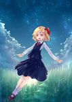  absurdres blonde_hair cloud day fang flying hair_ribbon highres mary_janes murani necktie outstretched_arms red_eyes ribbon rumia shoes short_hair smile socks solo star_(sky) touhou tree 