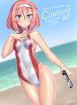  beach blue_eyes character_name cineraria_(paravene) clothes_writing competition_swimsuit day freckles gun handgun highres one-piece_swimsuit original paravene personification pink_hair short_hair smith_&amp;_wesson solo standing swimsuit turtleneck weapon 