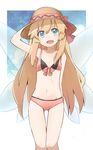  :d bare_shoulders bikini blonde_hair blue_eyes blush bow breasts cleavage collarbone commentary_request fairy_wings hand_on_headwear hat hat_ribbon highres lily_white long_hair midriff navel open_mouth ribbon small_breasts smile solo swimsuit touhou very_long_hair wings yutamaro 