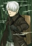  cigarette coat commentary_request cowboy_shot ginko gloves green_eyes hair_over_one_eye hiraga_matsuri long_sleeves looking_at_viewer male_focus mushishi nature pullover sketch smoke smoking solo tree white_hair 